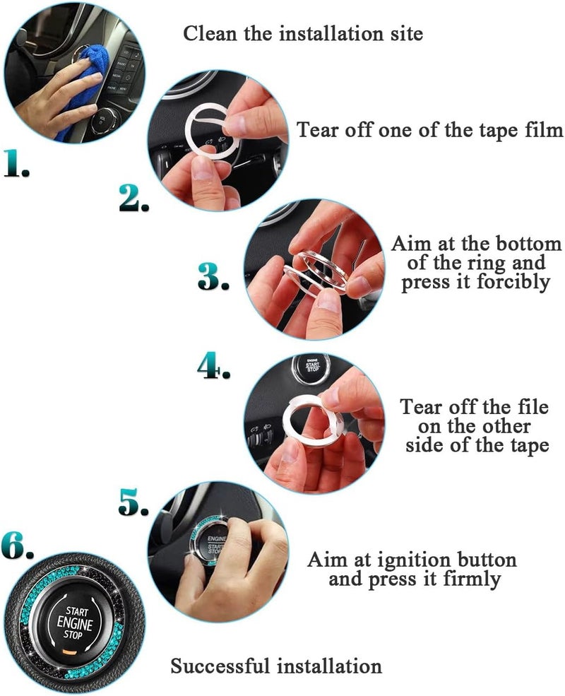 ToBeQueen Teal Push Start Button Cover Emblem Sticker, Interior Crystal Diamond Rhinestone Blue Bling Car Starter Ring Decoration, Turquoise Bling Car Accessories for Women, Black and Lake Blue - Image 5